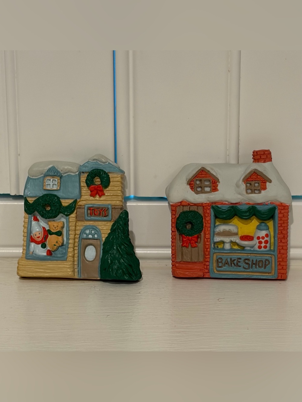 Vintage Avon Holiday Ceramic Village Toy Store & Bake Shop Magnets
